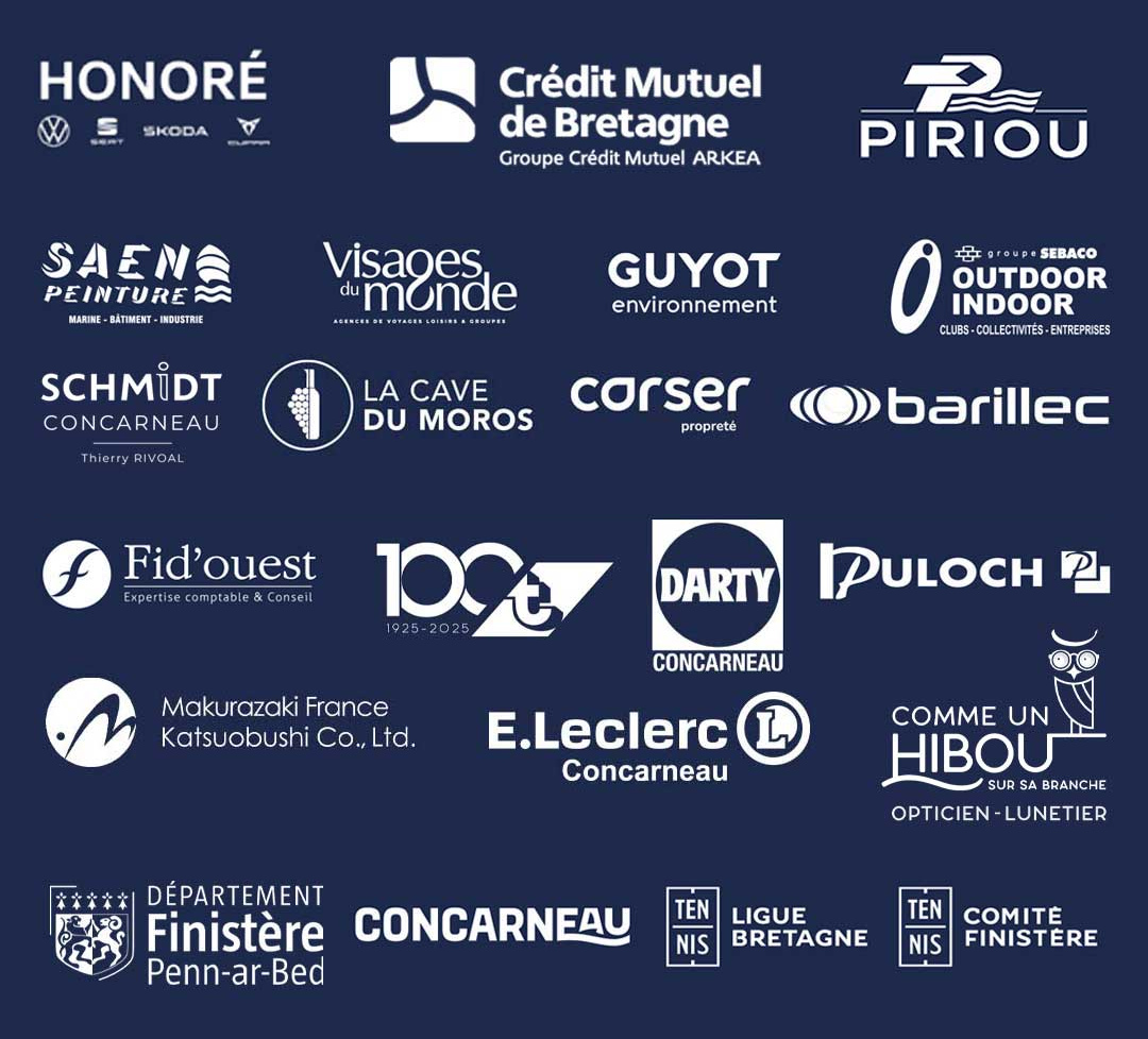 Logos des 22 partenaires et institutions qui soutiennent le Tennis Padel Concarneau